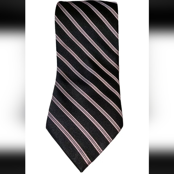 Burma Bibas striped silk tie, 62" L 4" W, Euc, black, white, pink stripes - Picture 4 of 8
